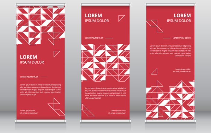 Red and white colored modern roll up banner template or vertical signboard templateQuick Reliable Printing (QRP)