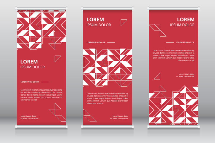 Red and white colored modern roll up banner template or vertical signboard templateQuick Reliable Printing (QRP)