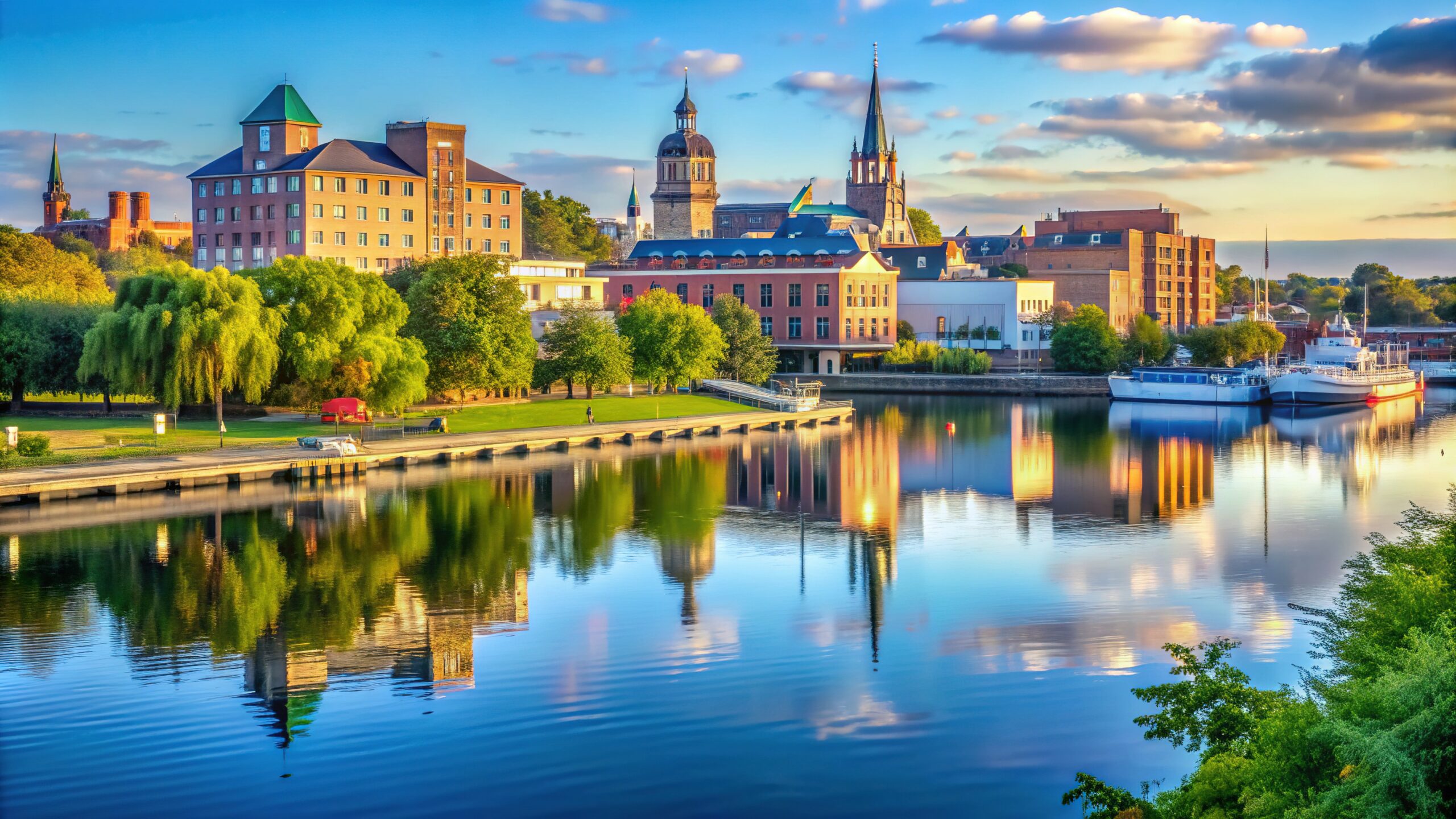 Serenene morning scene of Bay City Michigans waterfront featuring a tranquil Saginaw River lush greenery and a picturesque city skyline with historic buildings