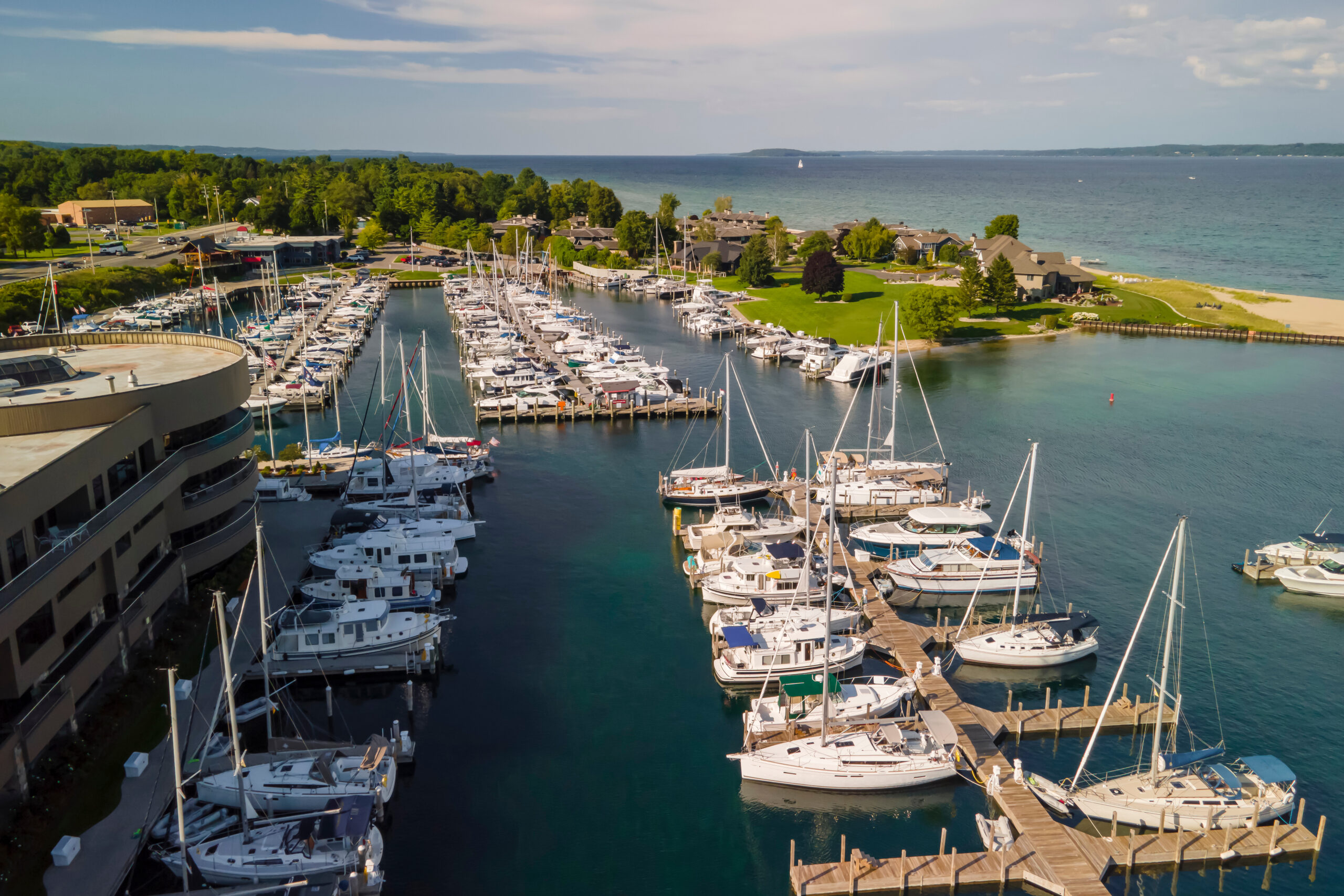 Aerial view of Traverse city marina in Michigan with several boats docked