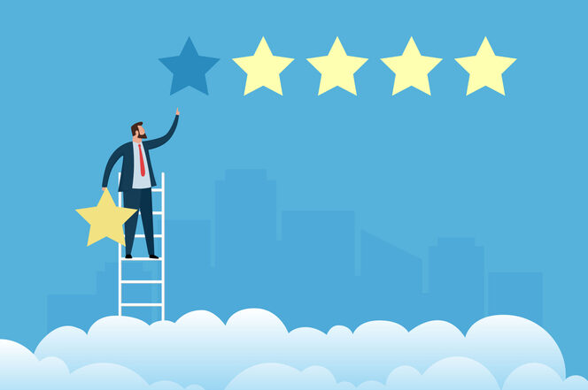 Businessmen giving five stars rating Reputation and quality concept | Quick Reliable Printing (QRP) Businessmen giving five stars rating Reputation and quality conceptQuick Reliable Printing (QRP)