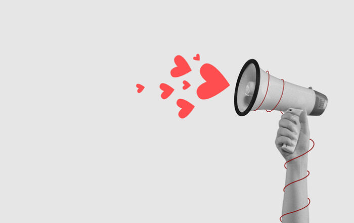 It is love time Female hand with megaphone and heart symbols Contemporary art collage Minimalism Valentines dayQuick Reliable Printing (QRP)