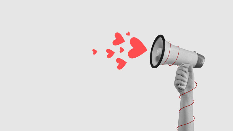 It is love time Female hand with megaphone and heart symbols Contemporary art collage Minimalism Valentines dayQuick Reliable Printing (QRP)