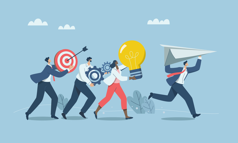 Working as team with creative thinking solving problems in organizations Launching new project or new product Group of business people running holding paper airplanes light bulbs gears targetsQuick Reliable Printing (QRP)