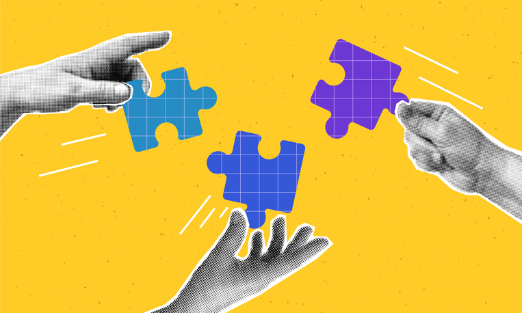 Collage with halftone hands putting puzzle togetherQuick Reliable Printing (QRP)