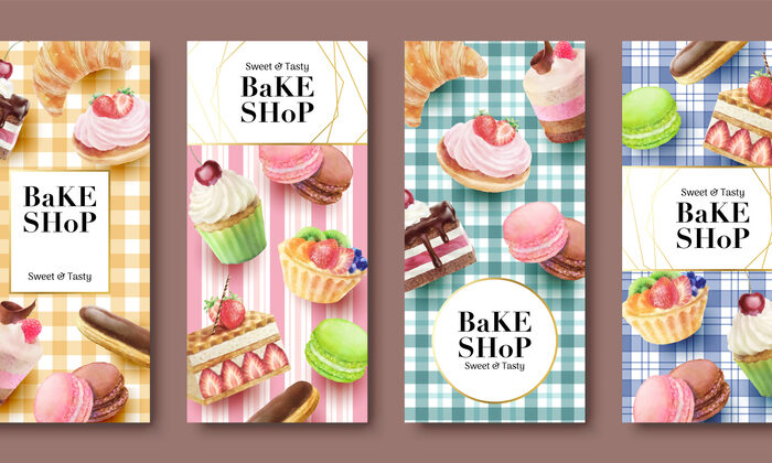 Bake shop social media stories template Trendy dessert watercolor vector Illustrations on vintage tablecloth backgrounds | Quick Reliable Printing (QRP) Bake shop social media stories template Trendy dessert watercolor vector Illustrations on vintage tablecloth backgroundsQuick Reliable Printing (QRP)