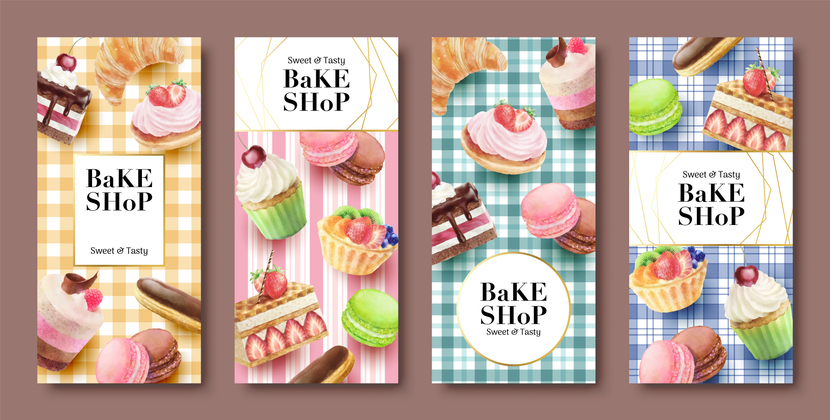 Bake shop social media stories template Trendy dessert watercolor vector Illustrations on vintage tablecloth backgroundsQuick Reliable Printing (QRP)