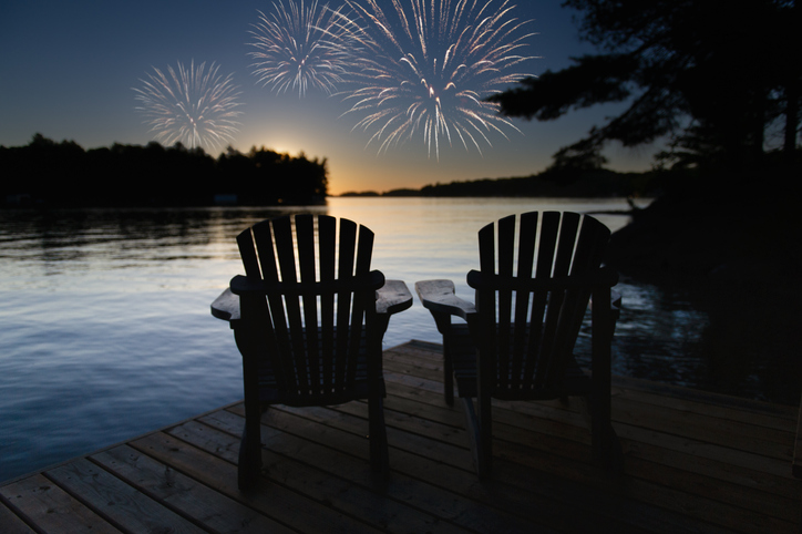 Celebratory fireworks above two Adirondack chairs on the dock | Quick Reliable Printing (QRP) Quick Reliable Printing (QRP)