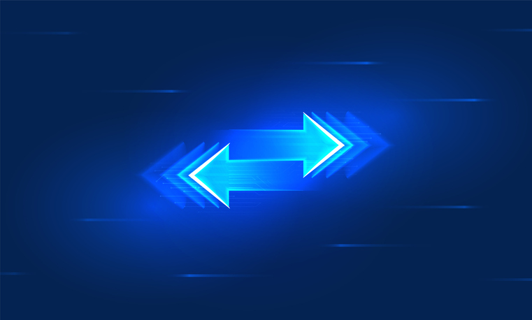 Transfer in digital futuristic style Two multidirectional arrows exchange concept Vector illustration with light effect and neon | Quick Reliable Printing (QRP) Quick Reliable Printing (QRP)