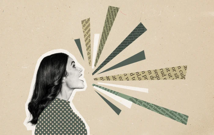 Composite photo collage of excited girl speech text lines communication wonder concept phrase isolated on painted background | Quick Reliable Printing (QRP) Collage of a woman facing right with torn newspaper strips radiating from her mouth, symbolizing speech or communication.Quick Reliable Printing (QRP)