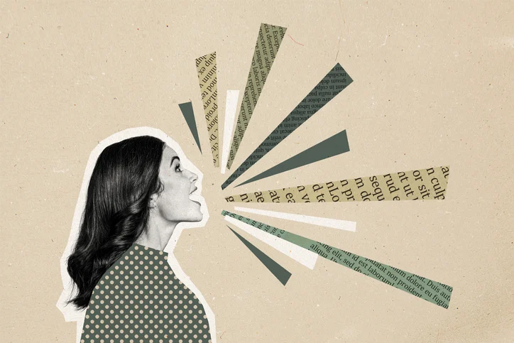 Collage of a woman facing right with torn newspaper strips radiating from her mouth, symbolizing speech or communication.Quick Reliable Printing (QRP)