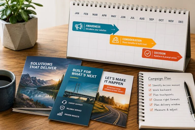 Desk setup with a calendar showing a 3-step marketing timeline (Awareness, Consideration, Decision) beside a plant and mug, plus three brochures on a wooden surface and a spiral notebook nearby.Quick Reliable Printing (QRP)