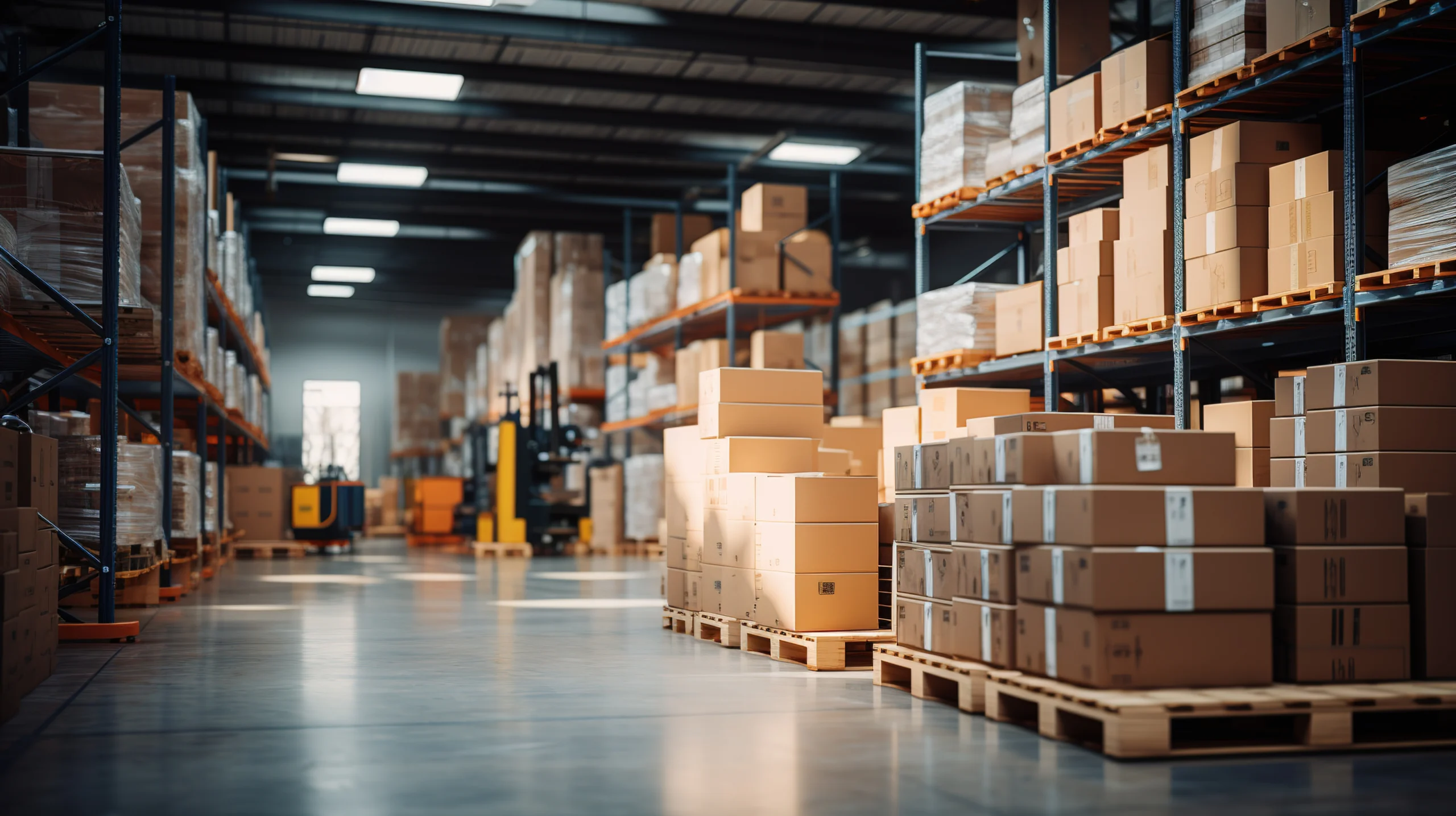 Warehousing | Quick Reliable Printing (QRP) Warehouse aisle with tall metal racks full of stacked cardboard boxes on pallets.Quick Reliable Printing (QRP)
