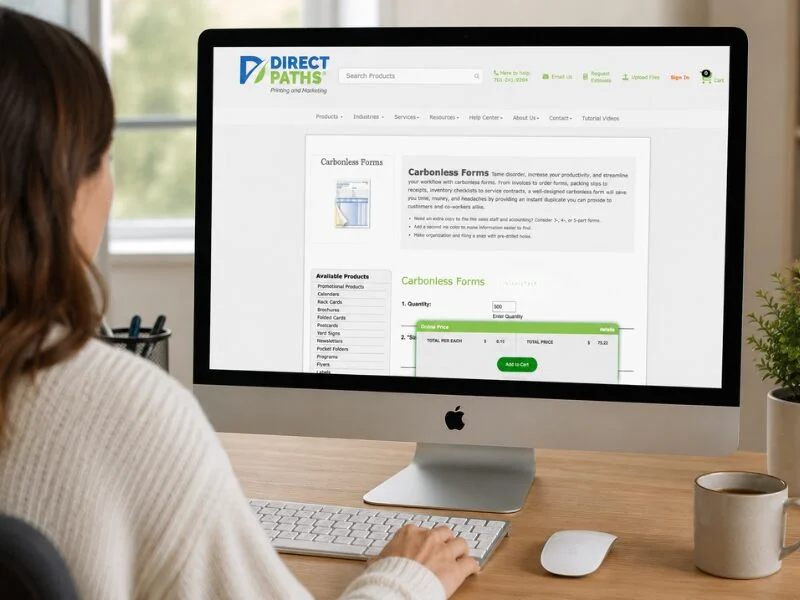 Person viewing a Direct Paths product page for Carbonless Forms on a desktop computer at a desk.Quick Reliable Printing (QRP)