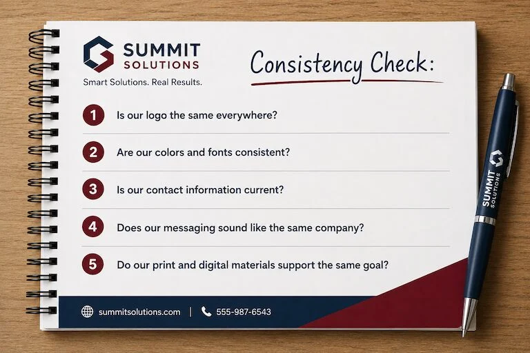 Spiral notebook page with Summit Solutions logo and a 'Consistency Check' list of five questions; pen to the right.Quick Reliable Printing (QRP)