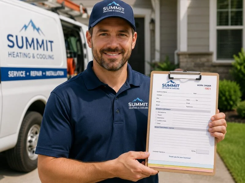 Smiling HVAC technician in a navy polo and cap holding a work order clipboard in front of a Summit Heating & Cooling van.Quick Reliable Printing (QRP)