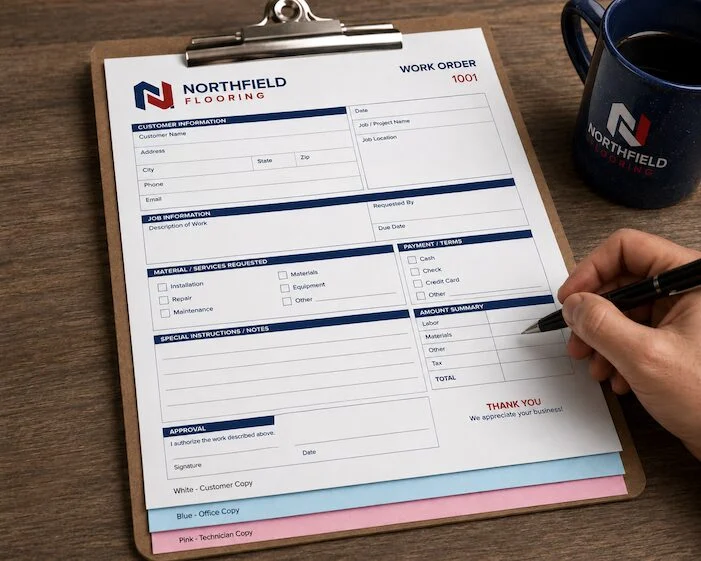 Hand writes on a Northfield Flooring work order form clipped to a clipboard on a wooden desk, with a blue Northfield mug nearby.Quick Reliable Printing (QRP)