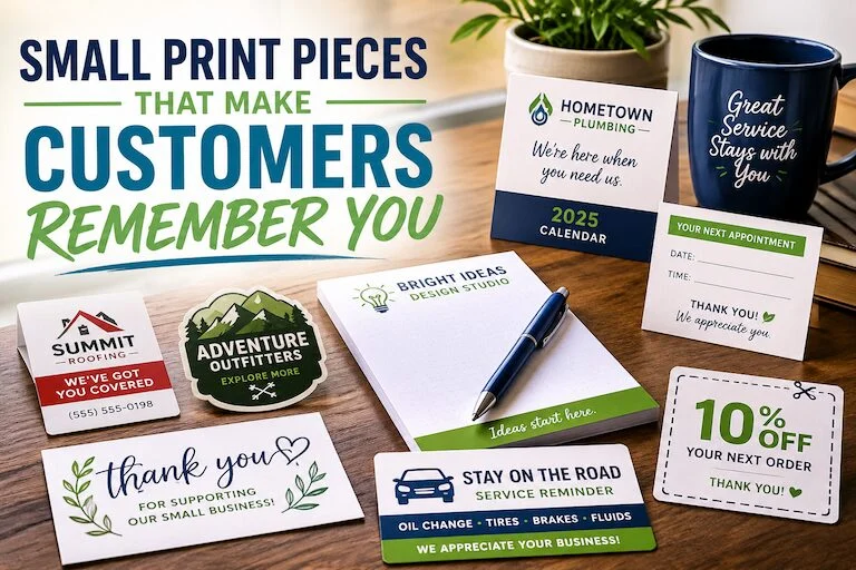 Collage of branded print pieces on a desk—business cards, stickers, notes, calendar, and a mug—with the heading 'Small Print Pieces That Make Customers Remember You'Quick Reliable Printing (QRP)