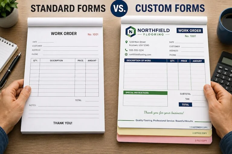 Two work orders are shown side by side: a standard form on the left and a custom branded form on the right, on a wooden desk.Quick Reliable Printing (QRP)
