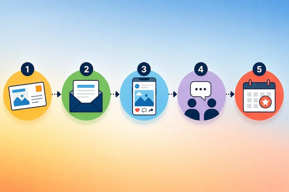 Touchpoints1 | Quick Reliable Printing (QRP) Five-step workflow: 1) image added, 2) email sent, 3) mobile social post, 4) group chat, 5) calendar event scheduled.Quick Reliable Printing (QRP)