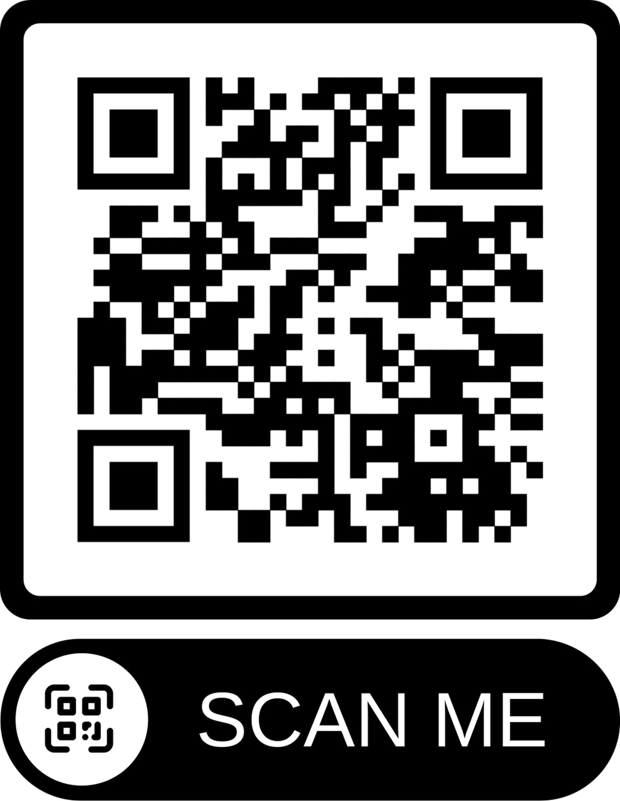 Black-and-white QR code on a rounded card; includes a 'SCAN ME' label with a small circular QR icon nearby.Quick Reliable Printing (QRP)