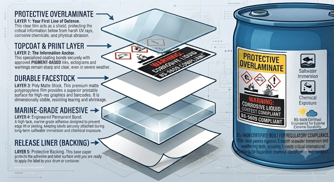 Exploded diagram of a protective overlaminate showing five layered sheets and their order (film, print layer, facestock, adhesive, release liner) for a hazardous-liquid container.Quick Reliable Printing (QRP)
