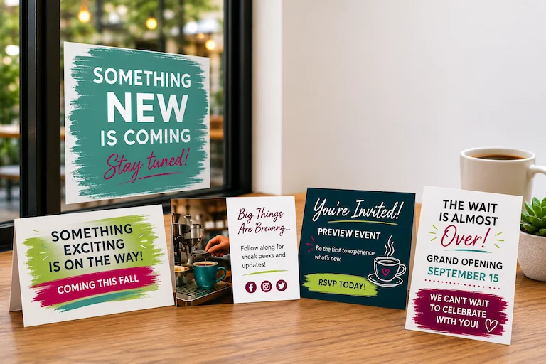 72735af5-5f64-b870-f471-b7198c0ea71f1 | Quick Reliable Printing (QRP) Promotional cards on a wooden table beside a window, announcing a new upcoming release with messages like 'Something New is Coming' and 'Stay tuned!'Quick Reliable Printing (QRP)