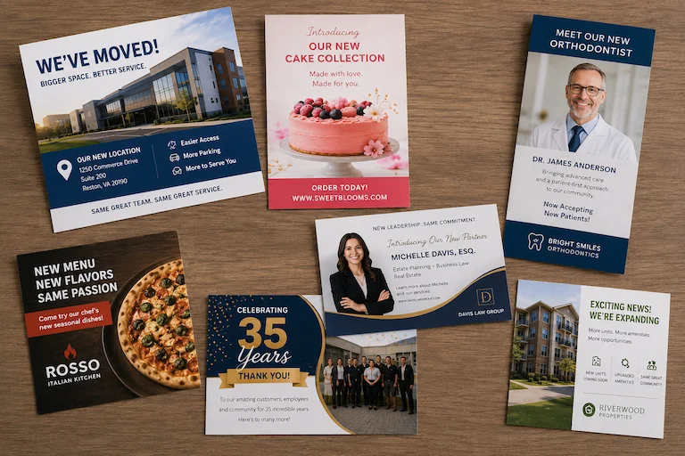 AnnouncementsGetNoticed1 | Quick Reliable Printing (QRP) A collage of eight promotional flyers and business cards laid on a wooden table, advertising moving services, a cake collection, orthodontist services, a pizza restaurant, a law firm, and real estate offerings.Quick Reliable Printing (QRP)