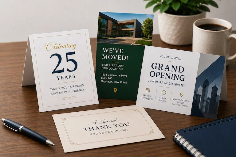 AnnouncementsStillMatter1 | Quick Reliable Printing (QRP) Tri-fold display cards on a desk announcing a 25-year celebration and grand opening event. The left card reads 'Celebrating 25 Years'.Quick Reliable Printing (QRP)