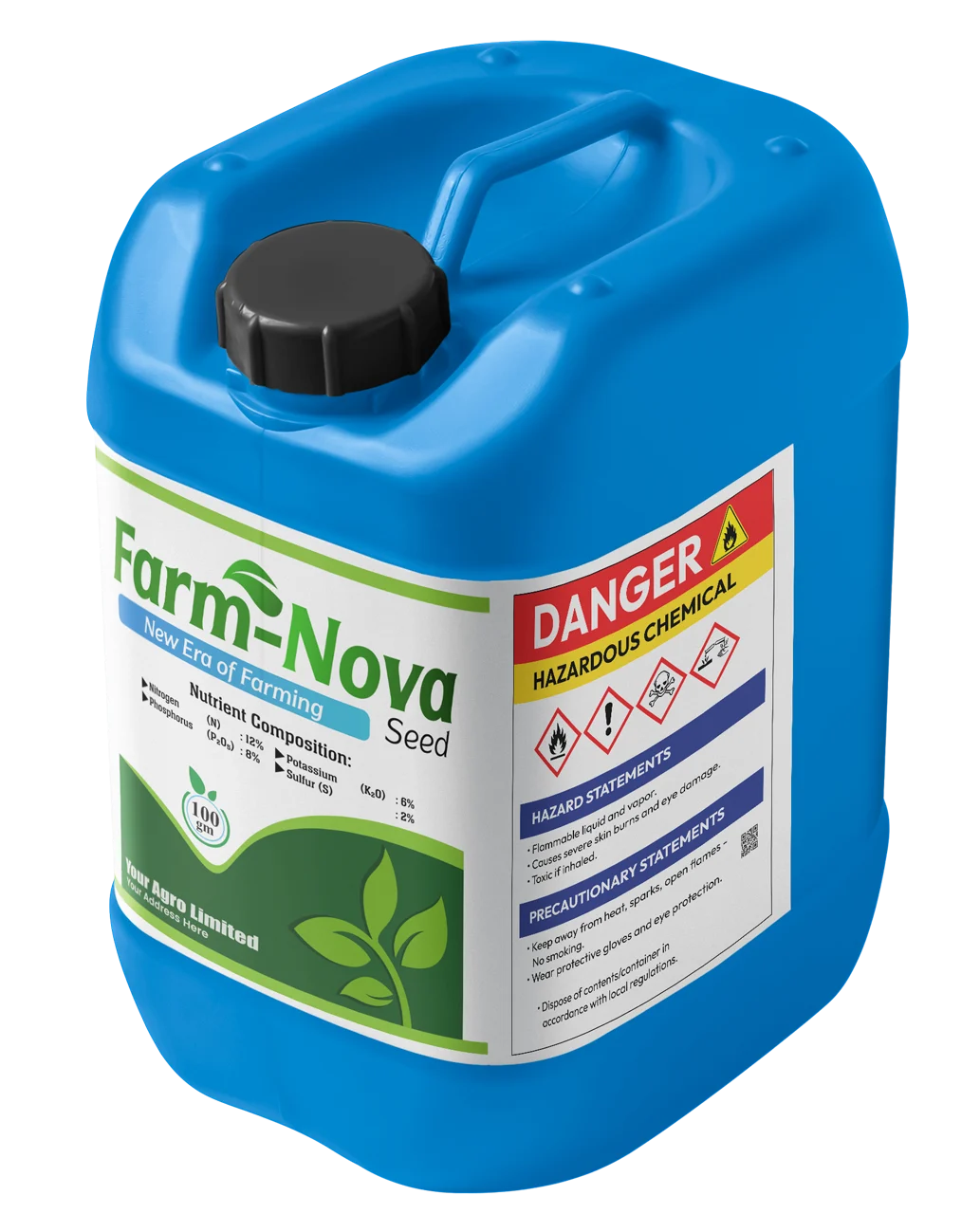 Blue plastic chemical container with a Farm-Nova Seed label and 'Danger Hazardous Chemical' warning signs on the side.Quick Reliable Printing (QRP)