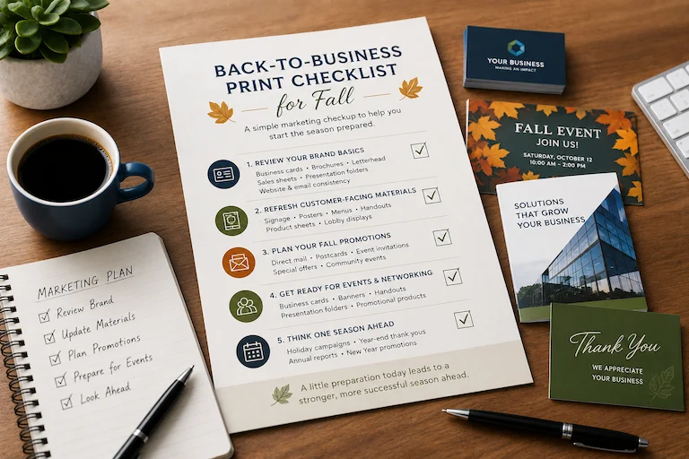 BusinessChecklist1 | Quick Reliable Printing (QRP) Fall-themed 'Back-to-Business Print Checklist' flyer on a wooden desk, surrounded by coffee, a notebook, and business cards.Quick Reliable Printing (QRP)